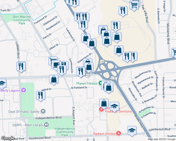 map of restaurants, bars, coffee shops, grocery stores, and more near 8345 Florida Boulevard in Baton Rouge
