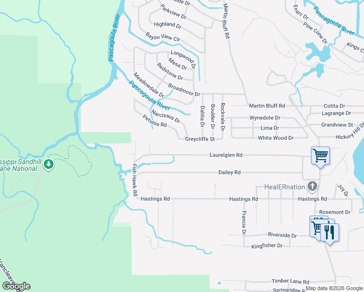 map of restaurants, bars, coffee shops, grocery stores, and more near 2201 Greycliffe Street in Gautier