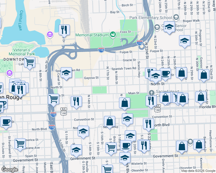 map of restaurants, bars, coffee shops, grocery stores, and more near 43 North Street in Baton Rouge