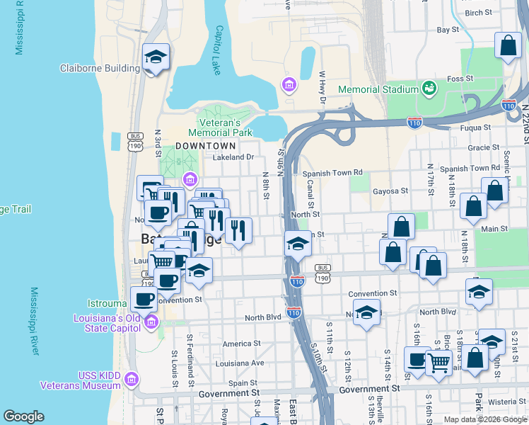 map of restaurants, bars, coffee shops, grocery stores, and more near 605 North 8th Street in Baton Rouge