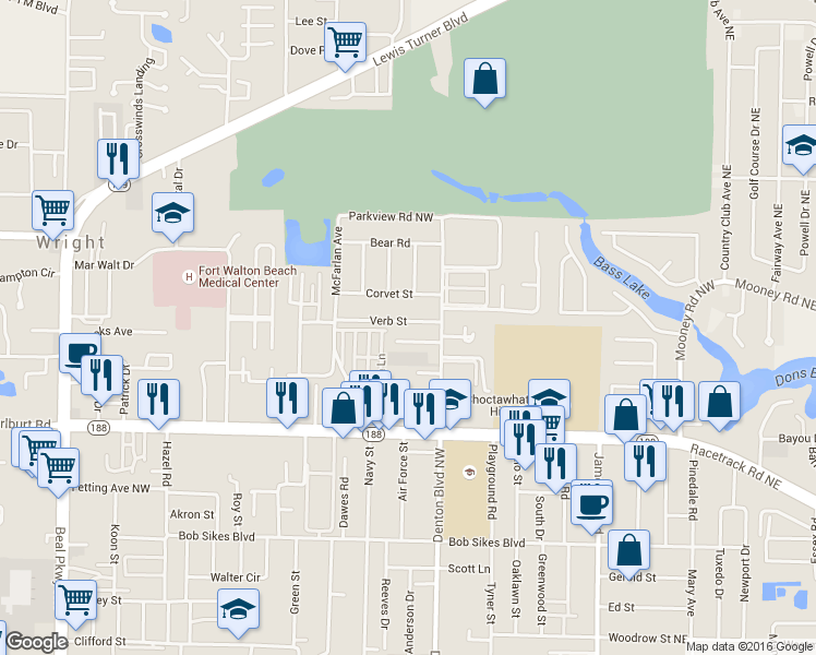 map of restaurants, bars, coffee shops, grocery stores, and more near 422 Verb Street in Fort Walton Beach