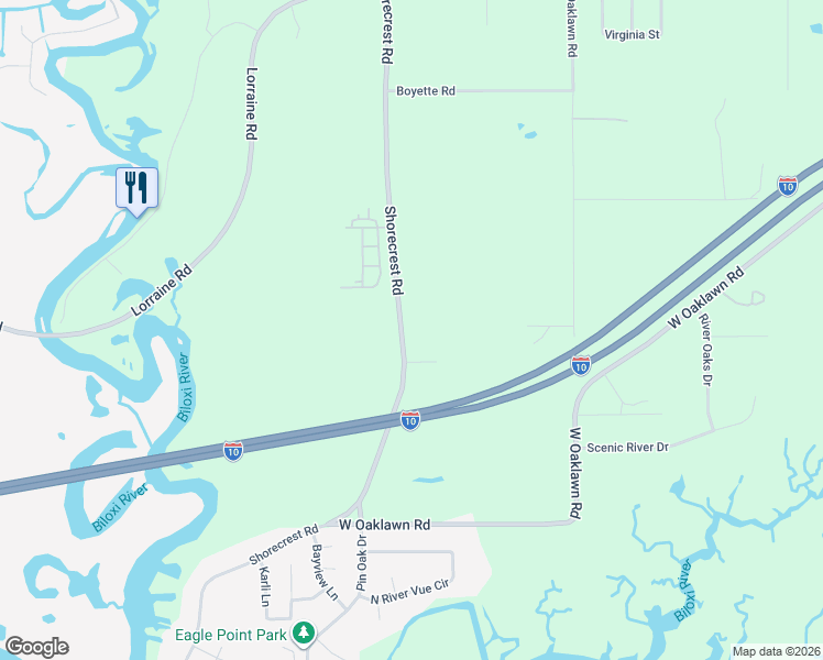 map of restaurants, bars, coffee shops, grocery stores, and more near 11504 Shorecrest Road in Biloxi