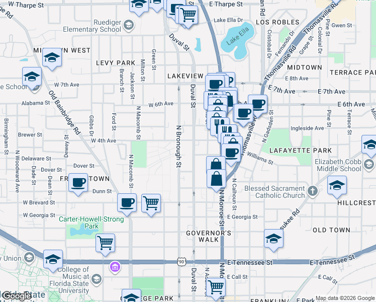 map of restaurants, bars, coffee shops, grocery stores, and more near 1000 North Duval Street in Tallahassee