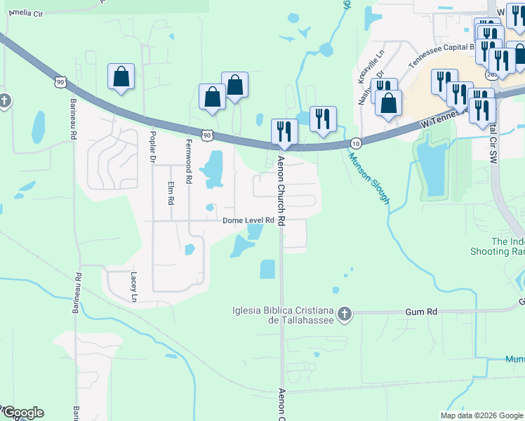 map of restaurants, bars, coffee shops, grocery stores, and more near 6010 Dome Level Road in Tallahassee
