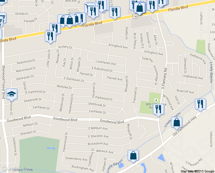 map of restaurants, bars, coffee shops, grocery stores, and more near 12658 East Glenhaven Drive in Baton Rouge