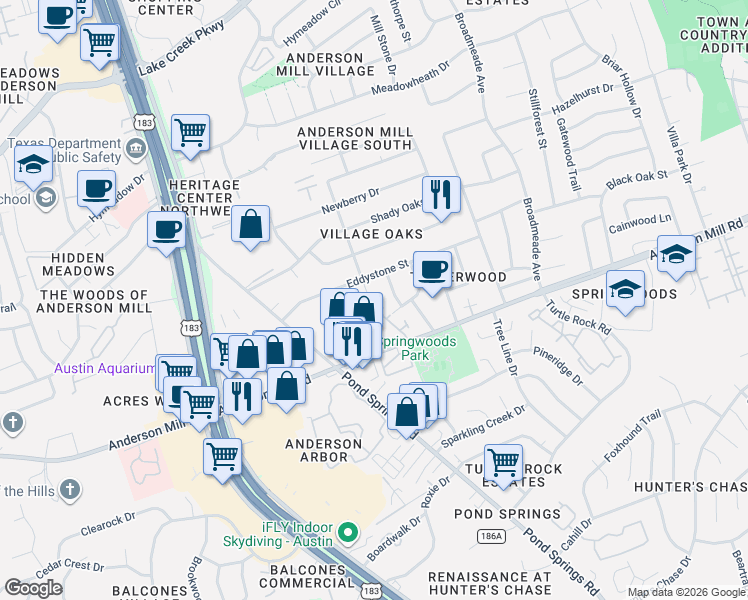 map of restaurants, bars, coffee shops, grocery stores, and more near 12503 Parkland Drive in Austin
