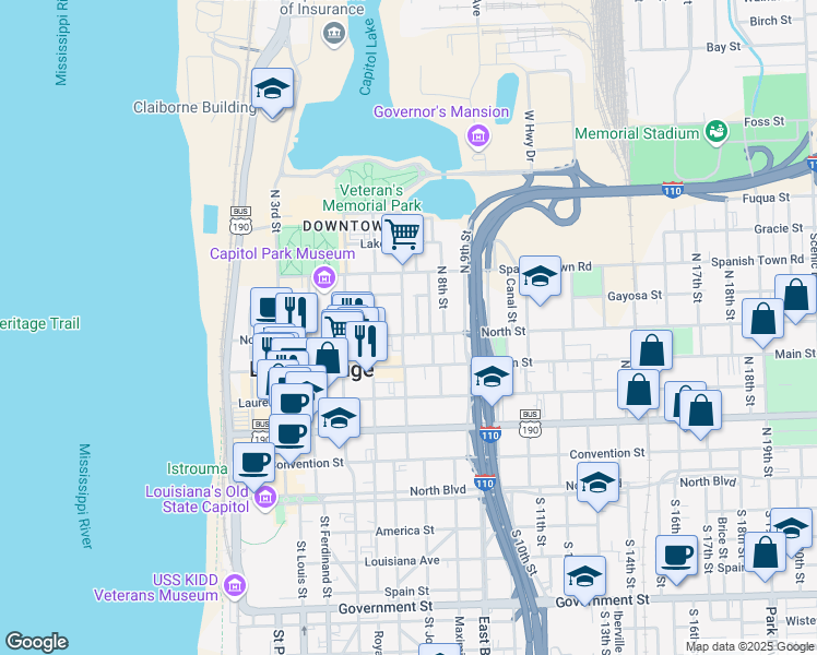 map of restaurants, bars, coffee shops, grocery stores, and more near 701 North Street in Baton Rouge