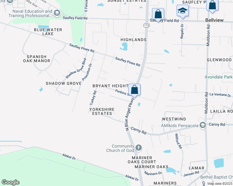 map of restaurants, bars, coffee shops, grocery stores, and more near 5721 Perkins Street in Pensacola