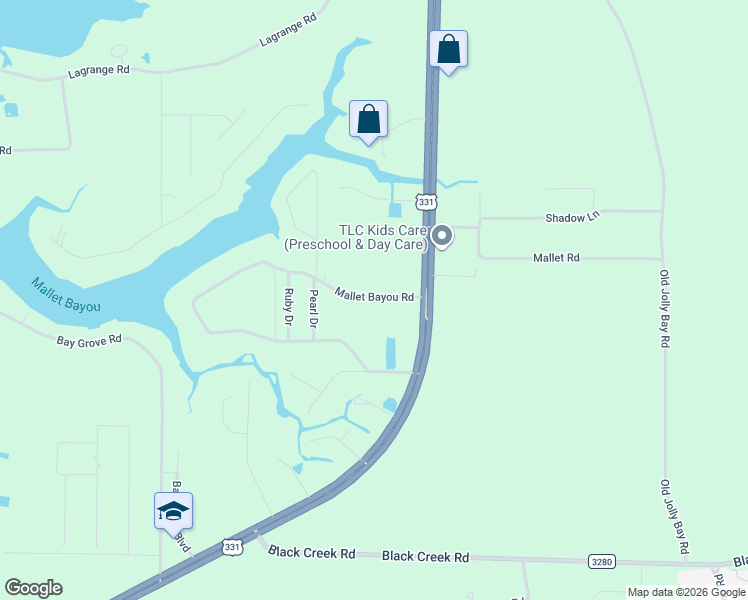 map of restaurants, bars, coffee shops, grocery stores, and more near 124 Mallet Bayou Road in Freeport