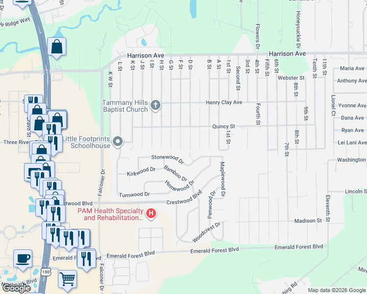 map of restaurants, bars, coffee shops, grocery stores, and more near 70277 F Street in Covington