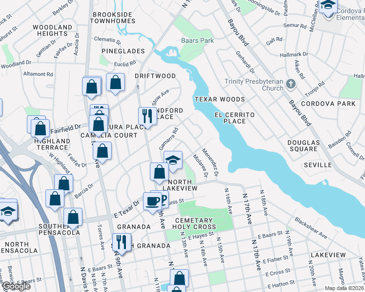 map of restaurants, bars, coffee shops, grocery stores, and more near 3780 Molaree Drive in Pensacola