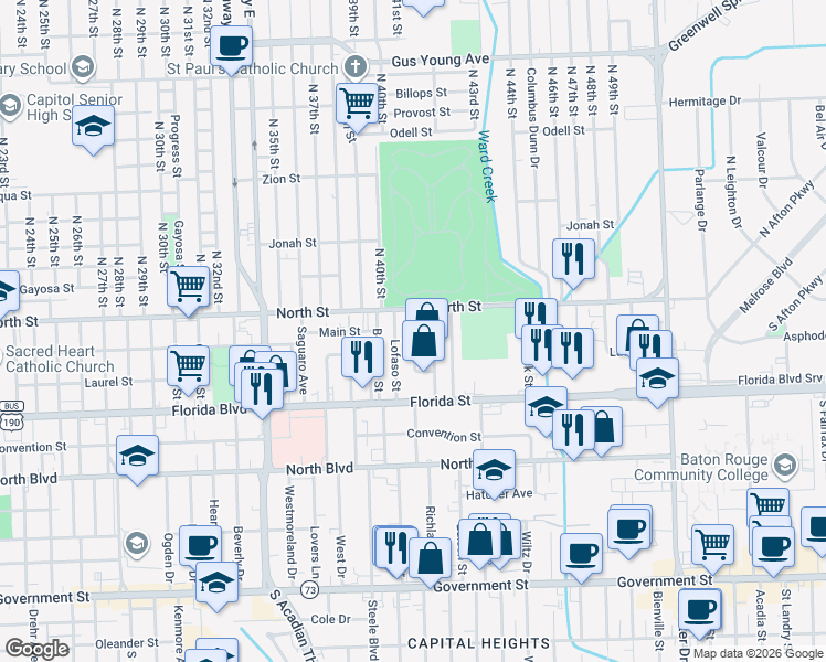 map of restaurants, bars, coffee shops, grocery stores, and more near 2 Live Oak Boulevard in Baton Rouge