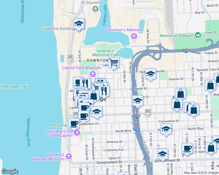 map of restaurants, bars, coffee shops, grocery stores, and more near 701 North Street in Baton Rouge