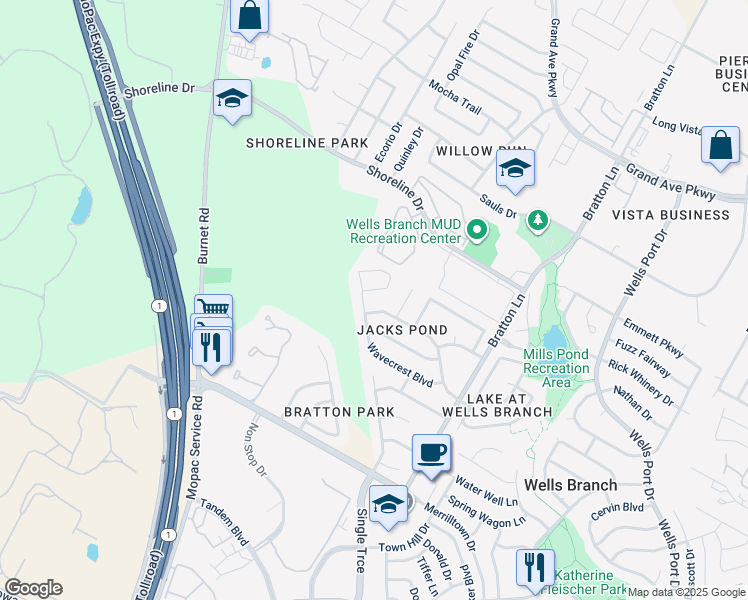 map of restaurants, bars, coffee shops, grocery stores, and more near 3416 Ribbon Reef Lane in Austin