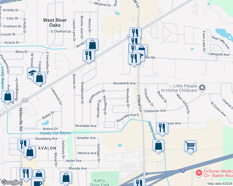 map of restaurants, bars, coffee shops, grocery stores, and more near 15824 Woodmoss Drive in Baton Rouge