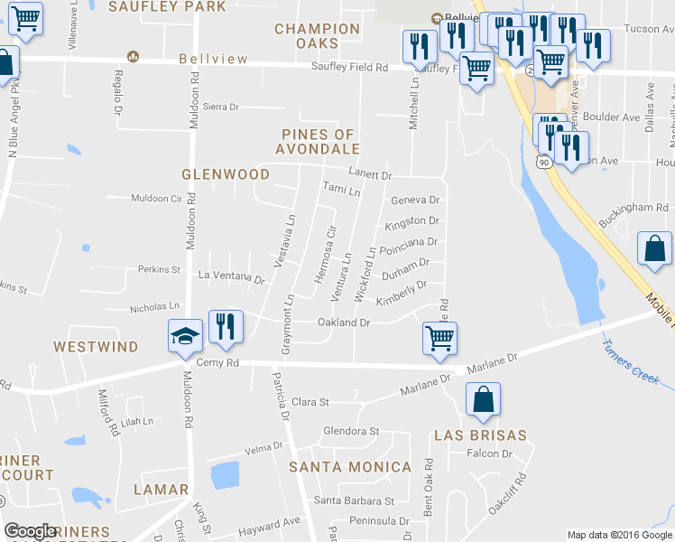 map of restaurants, bars, coffee shops, grocery stores, and more near 5711 Ventura Lane in Pensacola