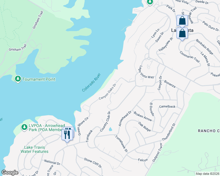map of restaurants, bars, coffee shops, grocery stores, and more near 5312 Canyon Oaks Drive in Lago Vista