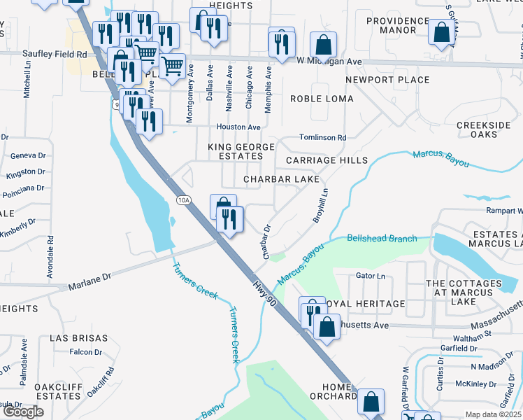 map of restaurants, bars, coffee shops, grocery stores, and more near 2104 Pullman Circle in Pensacola