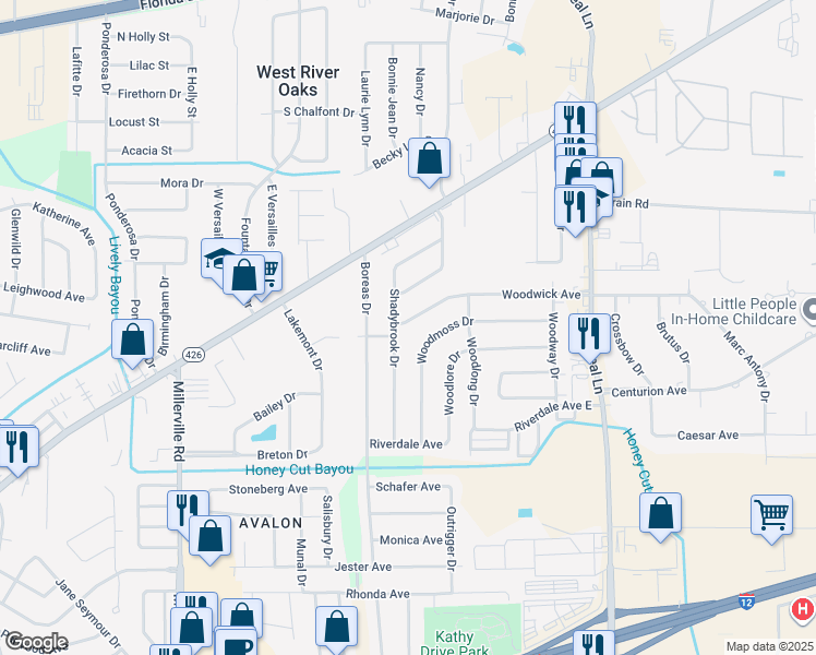 map of restaurants, bars, coffee shops, grocery stores, and more near 15322 Woodwick Avenue in Baton Rouge