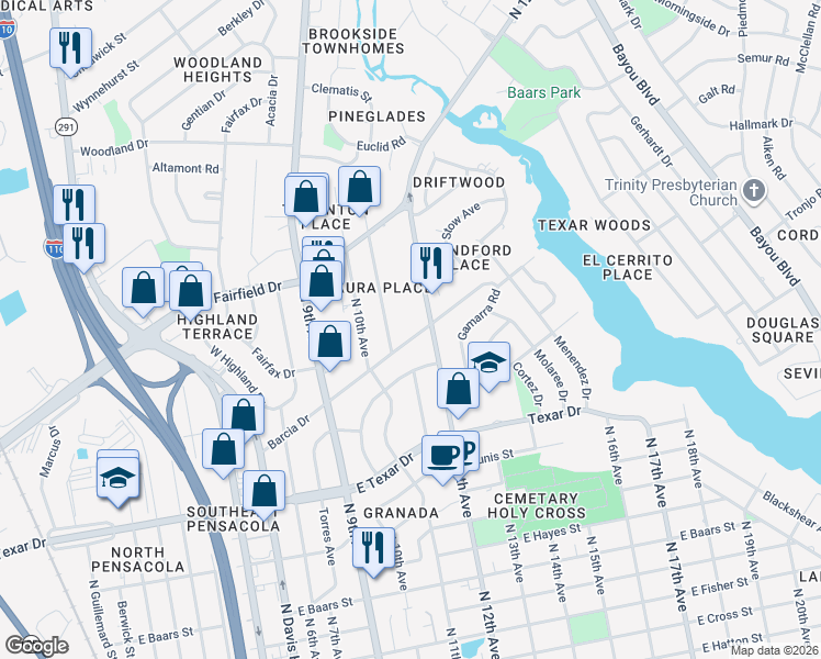 map of restaurants, bars, coffee shops, grocery stores, and more near 1120 Barcia Drive in Pensacola