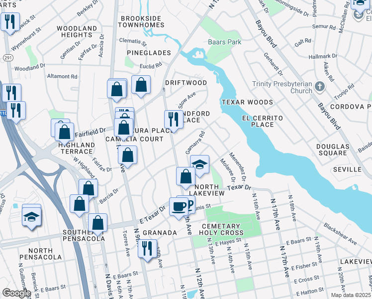 map of restaurants, bars, coffee shops, grocery stores, and more near 351 Gamarra Rd in Pensacola