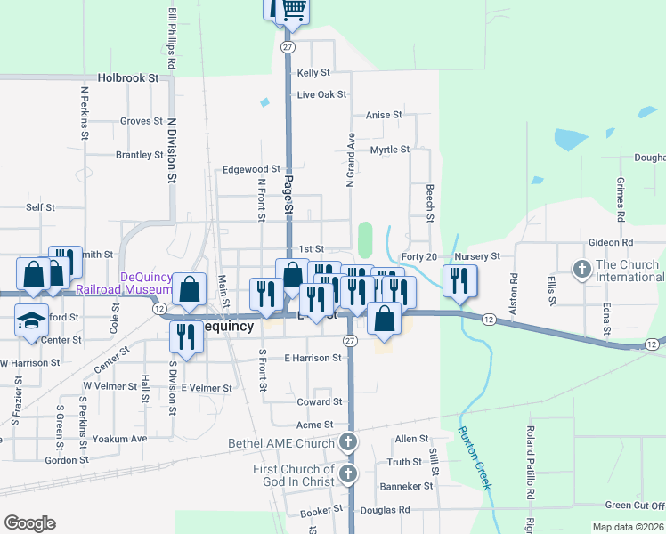 map of restaurants, bars, coffee shops, grocery stores, and more near 304 McNeese Street in DeQuincy