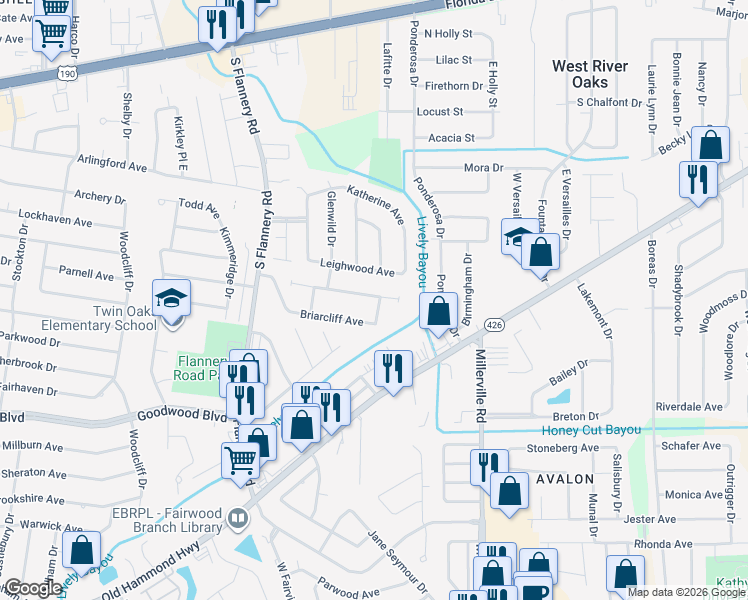 map of restaurants, bars, coffee shops, grocery stores, and more near 502 Glenway Drive in Baton Rouge