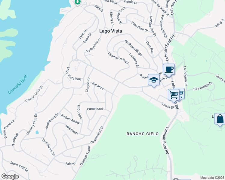 map of restaurants, bars, coffee shops, grocery stores, and more near 5803 Thunderbird Street in Lago Vista