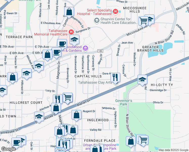 map of restaurants, bars, coffee shops, grocery stores, and more near 1101 Carraway Street in Tallahassee