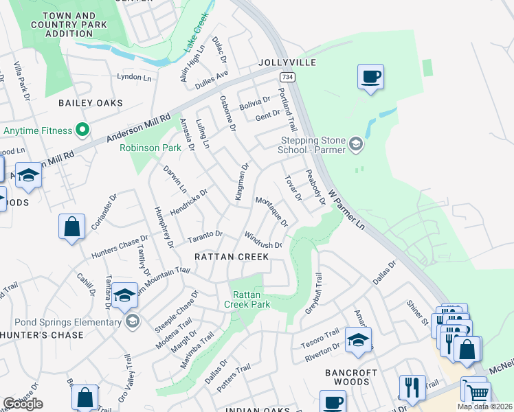 map of restaurants, bars, coffee shops, grocery stores, and more near 13301 Tamayo Drive in Austin