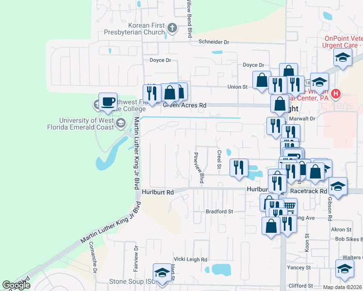 map of restaurants, bars, coffee shops, grocery stores, and more near 1789 Emerald Lane in Fort Walton Beach
