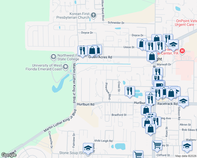 map of restaurants, bars, coffee shops, grocery stores, and more near 1789 Emerald Lane in Fort Walton Beach