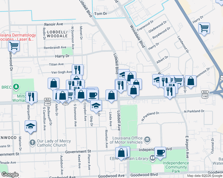 map of restaurants, bars, coffee shops, grocery stores, and more near 599 North Lobdell Boulevard in Baton Rouge