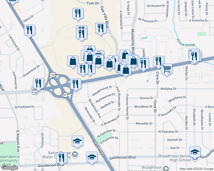 map of restaurants, bars, coffee shops, grocery stores, and more near 9121 Meadowood Street in Baton Rouge