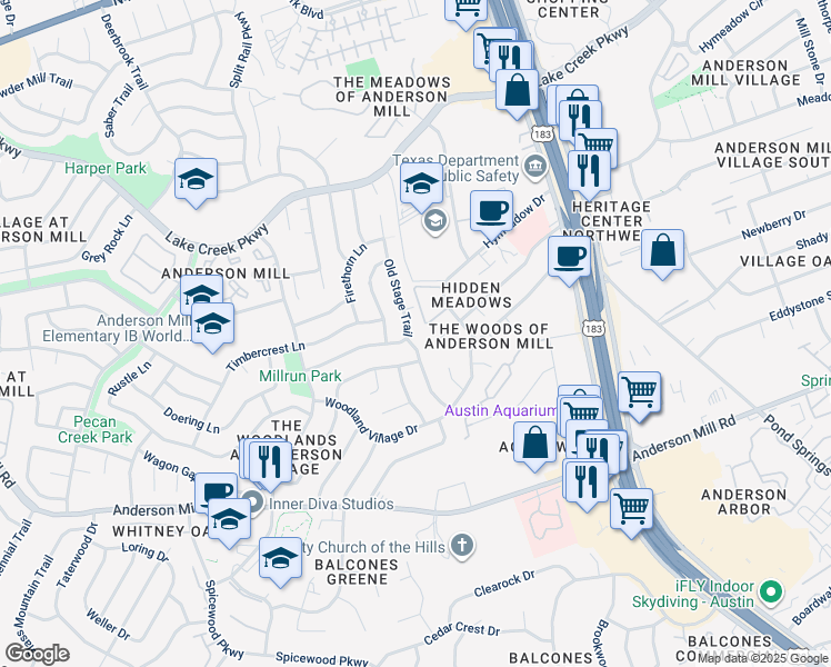map of restaurants, bars, coffee shops, grocery stores, and more near 12211 Old Stage Trail in Austin