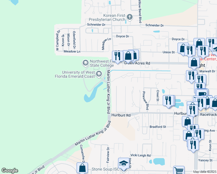 map of restaurants, bars, coffee shops, grocery stores, and more near 1160 Martin Luther King Junior Boulevard in Fort Walton Beach