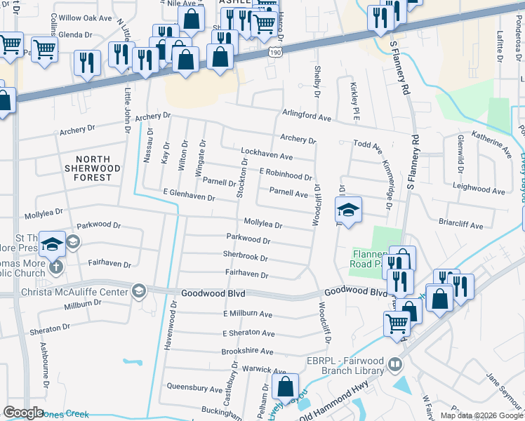 map of restaurants, bars, coffee shops, grocery stores, and more near 12658 East Glenhaven Drive in Baton Rouge