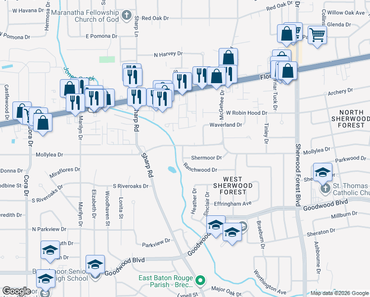 map of restaurants, bars, coffee shops, grocery stores, and more near 10524 Mollylea Drive in Baton Rouge