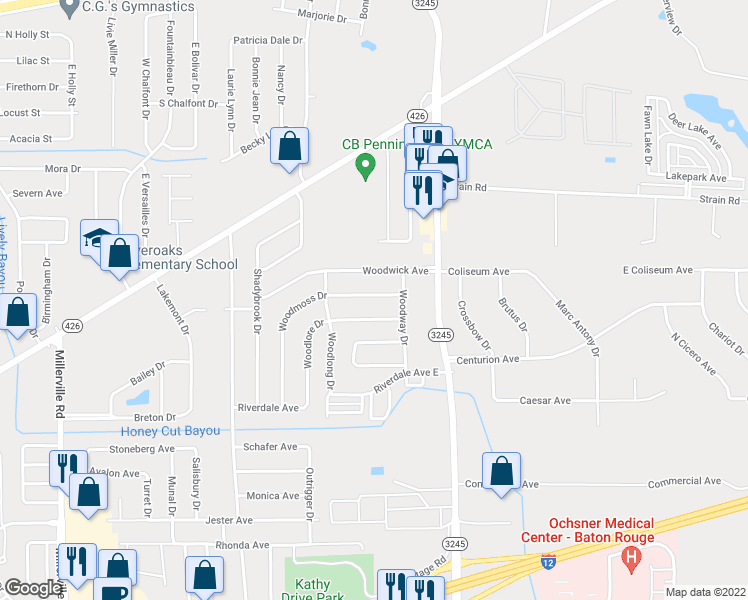 map of restaurants, bars, coffee shops, grocery stores, and more near 15824 Woodmoss Drive in Baton Rouge