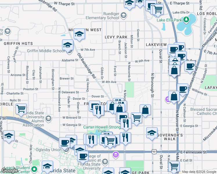 map of restaurants, bars, coffee shops, grocery stores, and more near in Tallahassee