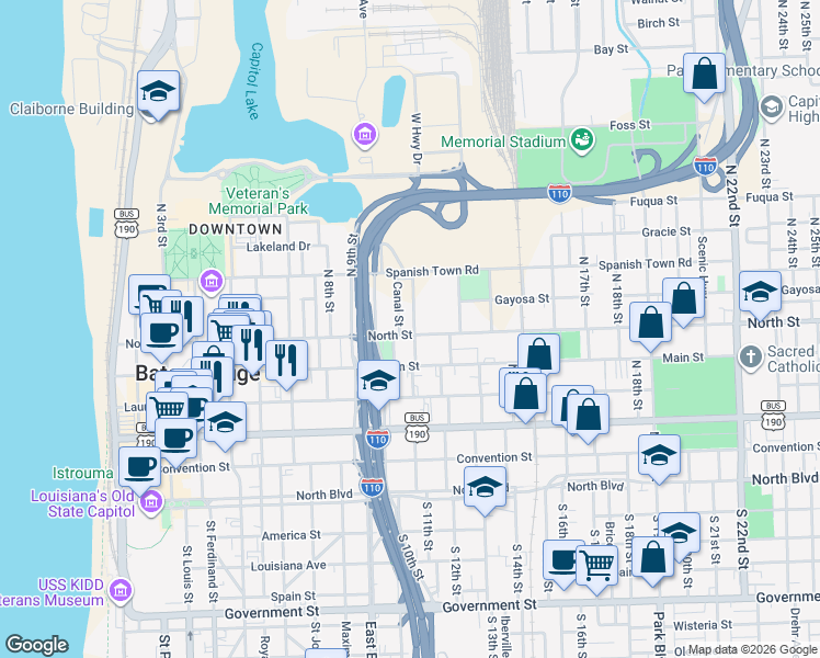 map of restaurants, bars, coffee shops, grocery stores, and more near 600 Canal Street in Baton Rouge