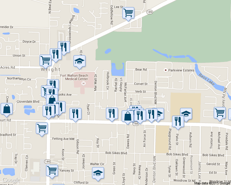 map of restaurants, bars, coffee shops, grocery stores, and more near 932 Central Ave in Fort Walton Beach