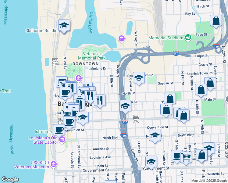 map of restaurants, bars, coffee shops, grocery stores, and more near 811 North Street in Baton Rouge