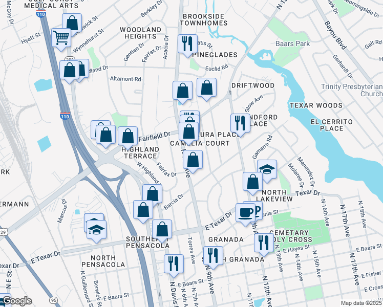 map of restaurants, bars, coffee shops, grocery stores, and more near 3814 North 9th Avenue in Pensacola