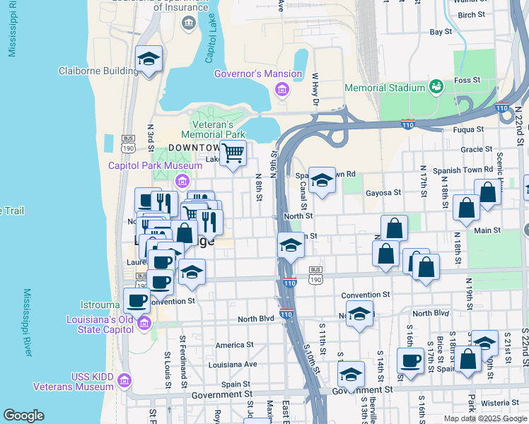map of restaurants, bars, coffee shops, grocery stores, and more near 811 North Street in Baton Rouge
