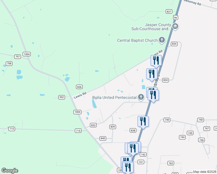 map of restaurants, bars, coffee shops, grocery stores, and more near 705 County Road 835 in Buna