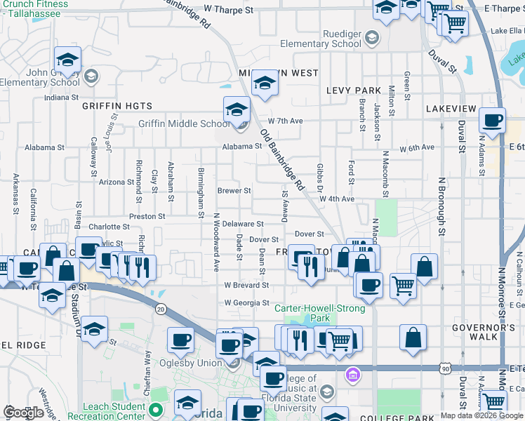 map of restaurants, bars, coffee shops, grocery stores, and more near 736 Preston Street in Tallahassee