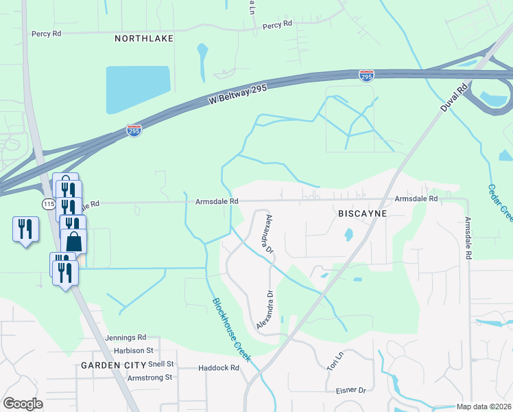 map of restaurants, bars, coffee shops, grocery stores, and more near 11954 Alexandra Drive in Jacksonville