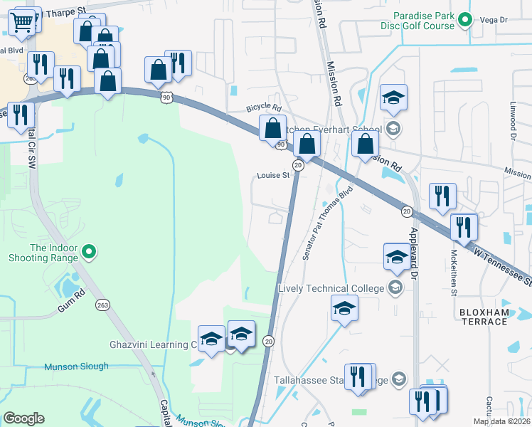 map of restaurants, bars, coffee shops, grocery stores, and more near 3125 Katherine Street in Tallahassee