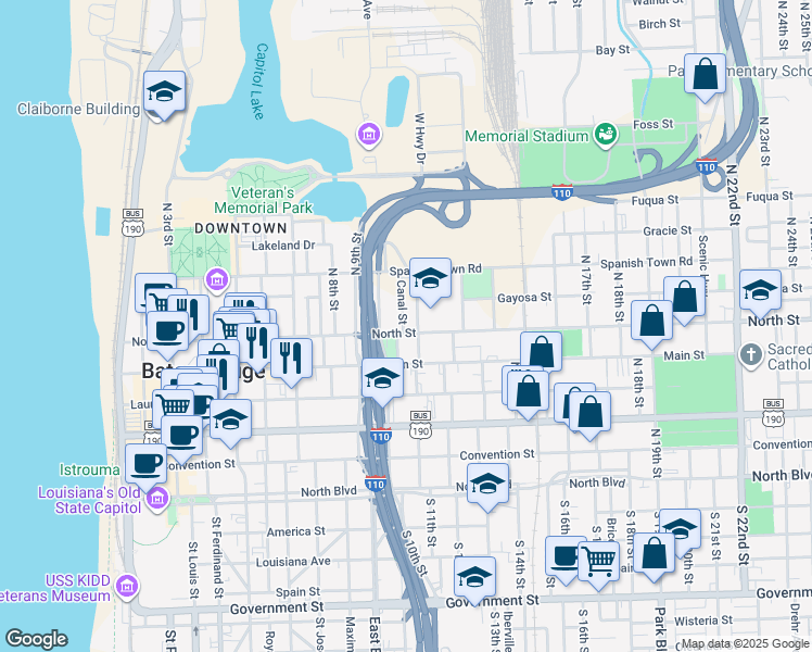 map of restaurants, bars, coffee shops, grocery stores, and more near 600 Canal Street in Baton Rouge
